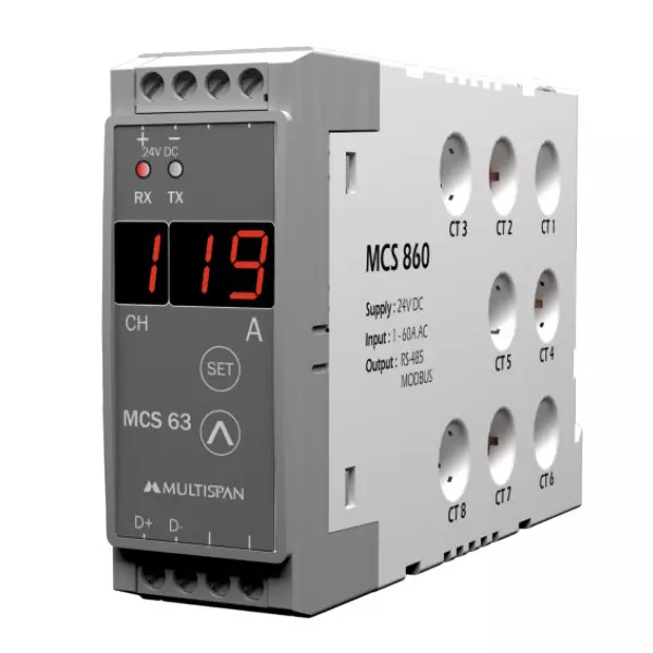 MULTISPAN Multi Channel Current Scanner RS-485 Modbus Output 24 V DC 100-270 V AC Supply Voltage 1-60 A (8CT) Input Current, MCS-860