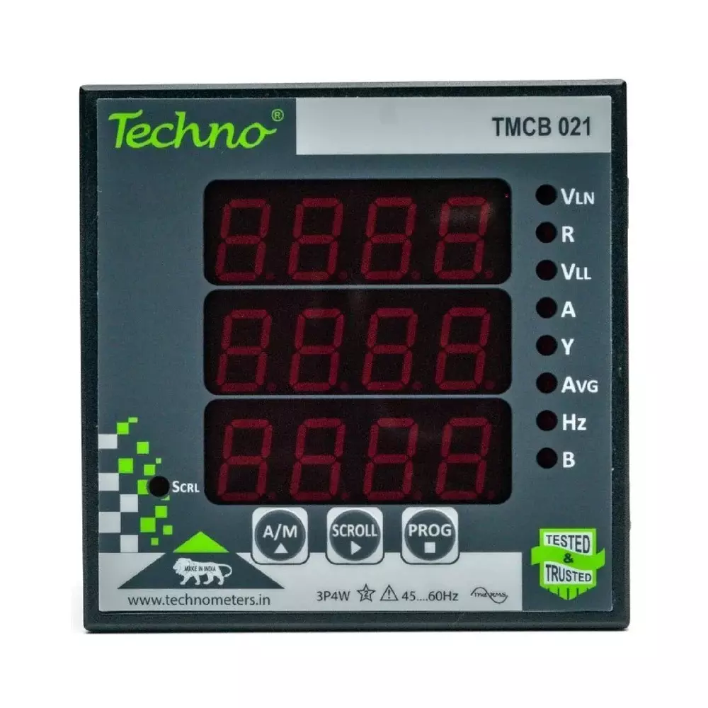 Techno Meters Three Phase Volt Amps Frequency Panel Meter Polycarbonate Body and 40 A Rated Current, TMCB_021_40A