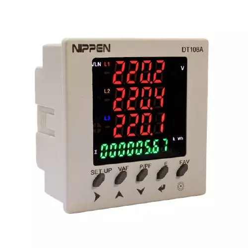 Nippen Multi Function Meter with LED Display, 3 Phase, 80-270 V AC/DC Auxiliary Supply and Frequency, DT 108A- 3PH (0.5%)