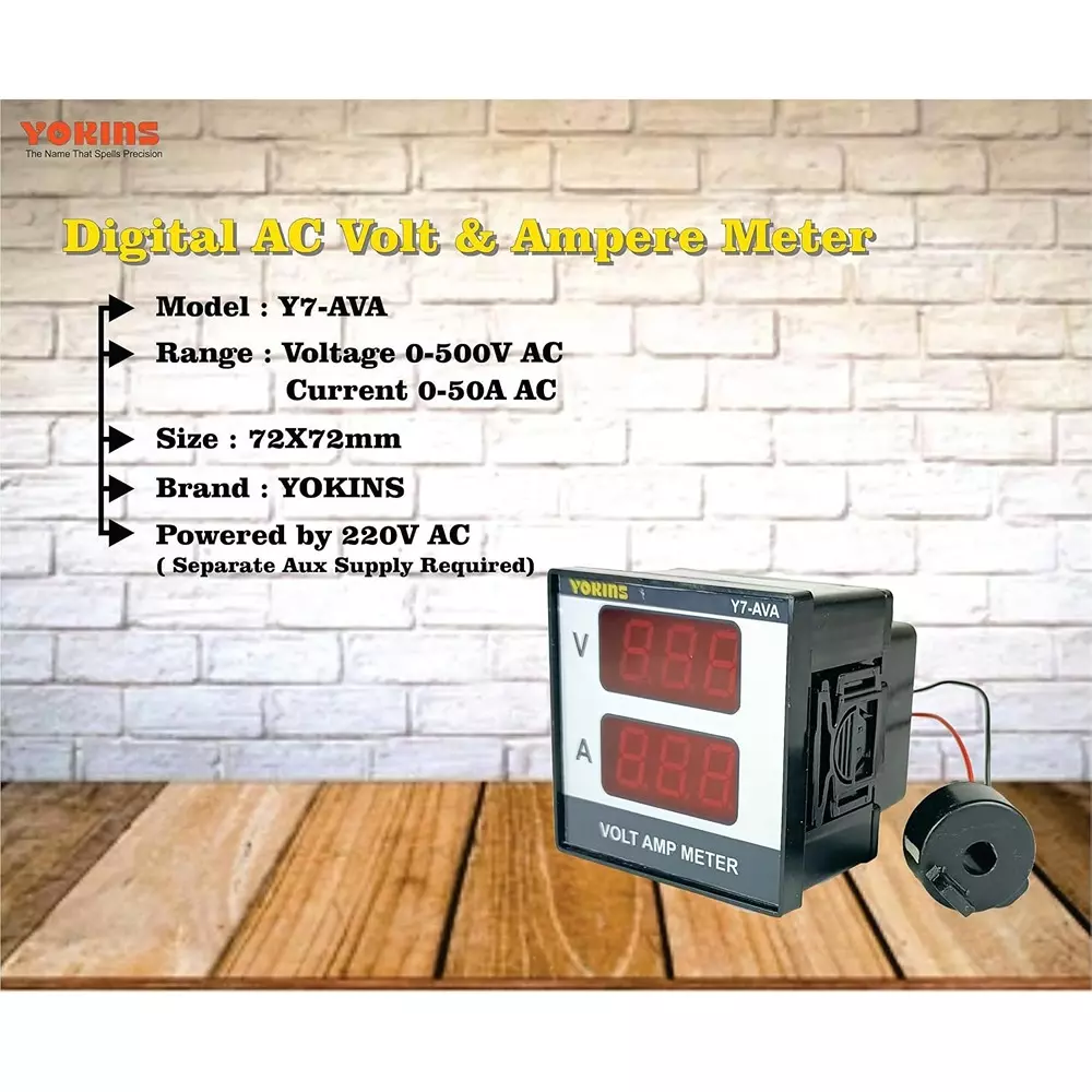 Yokins Digital Volt-Amp Meter Sqaure Black 30.48 cm Wire Length 0-500 V AC Voltage Range for Panel Testing, Y7-AVA