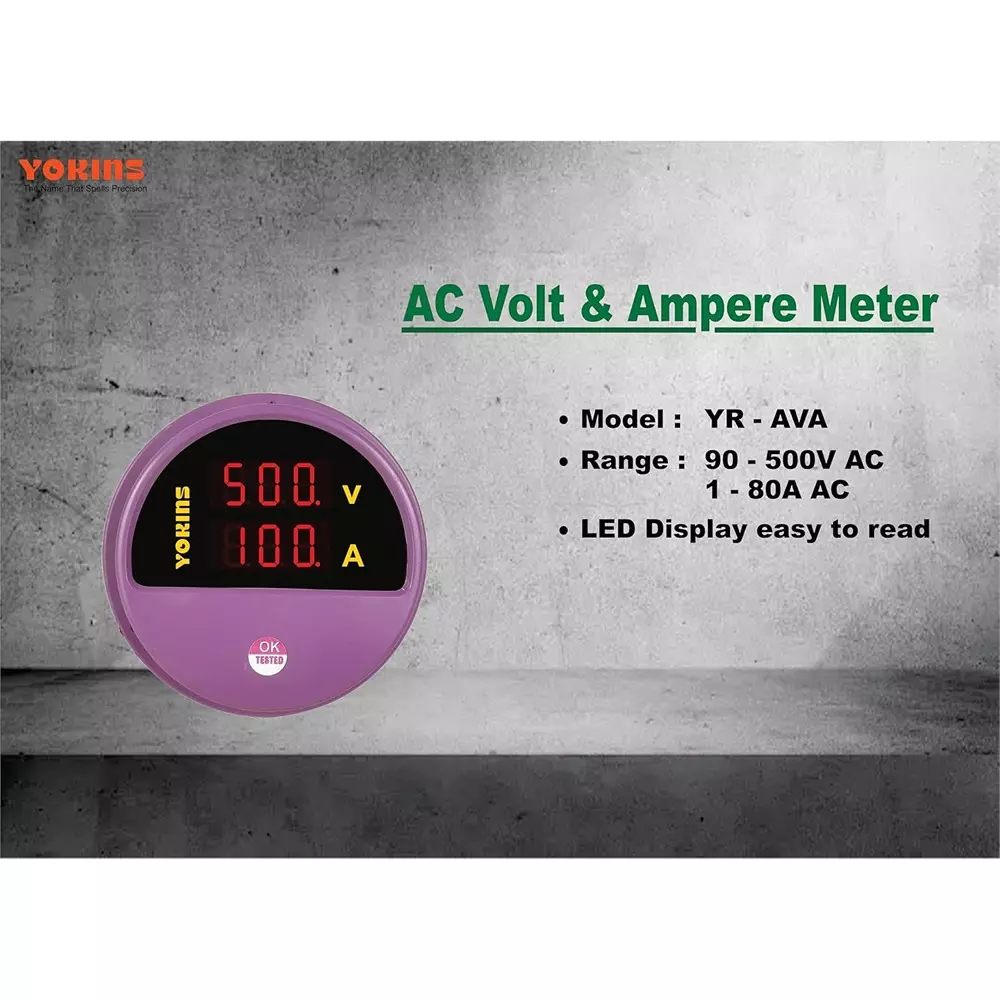 Yokins Digital Volt-Amp Meter Round Purple 90-500 V AC Voltage Range for Electrical Panel & Submersible Panel Testing, YR-AVA