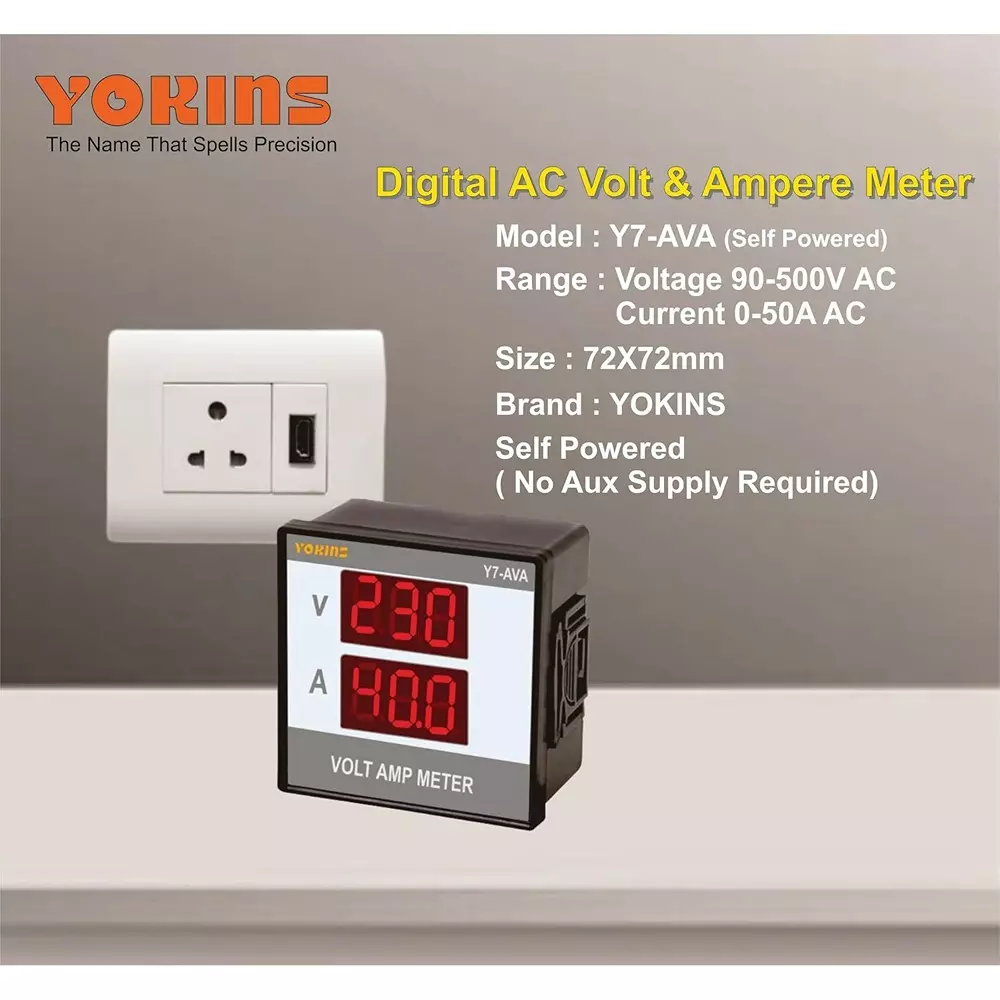 Yokins Digital Volt-Amp Meter Sqaure Black 90-500 V AC Voltage Range for Electrical Panel & Submersible Panel Testing, Y7-AVA (Pack of 10 Pcs)