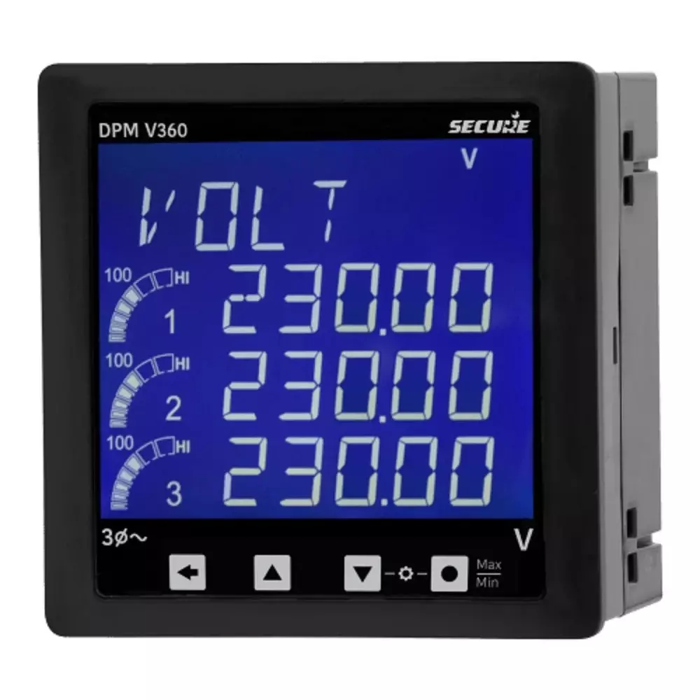 Secure DPM Series AC Voltmeter 3 Phase 3 Line 4 Digit LCD Display 96x96 mm Size and 0.5 Accuracy Class, DPM V360