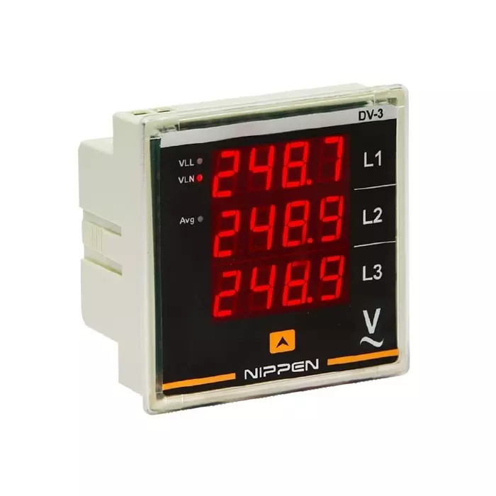 Nippen Digital Voltmeter AC with 4 Digit LED Display, 3 Phase - 4 Wire, Upto 500 V AC Display Range and 96X96 mm Size, DV-3(3Row)(96)