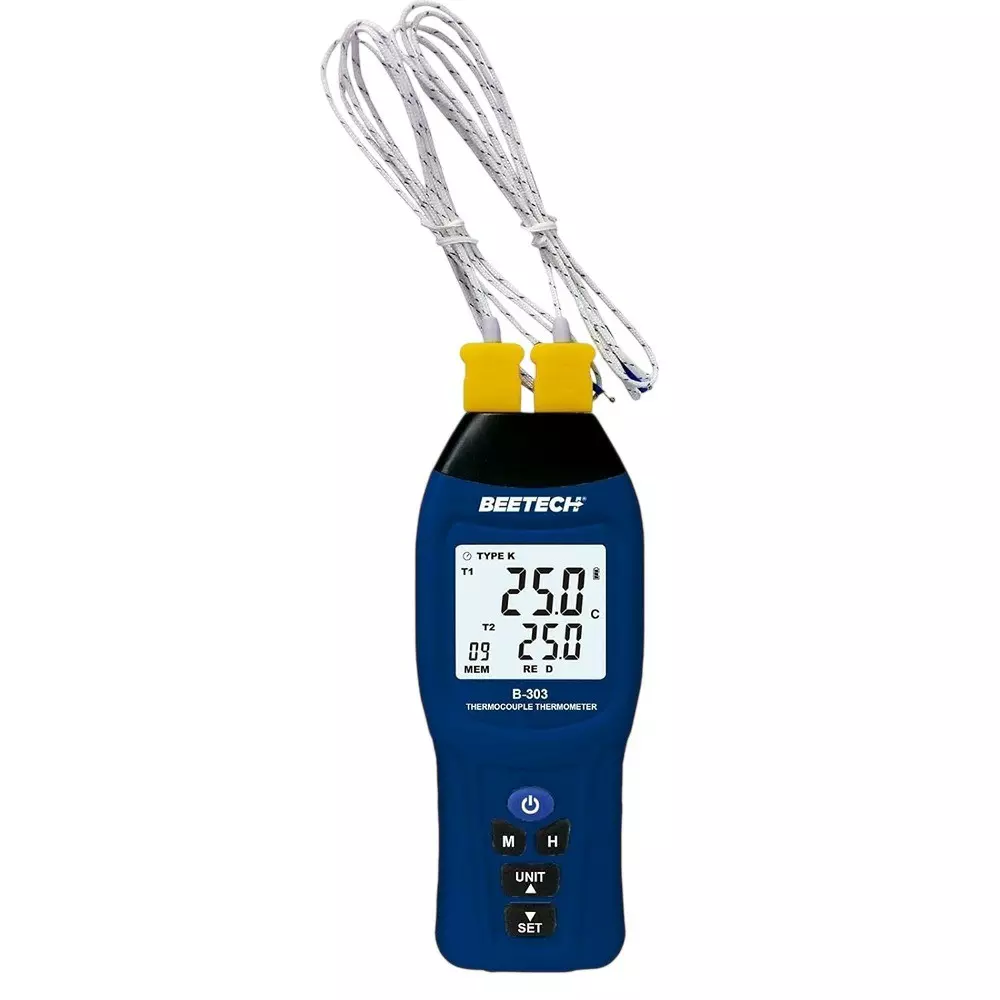 BEETECH Digital Thermometer with Two K-Type Thermocouple, Large Backlit LCD Display and -200 to 1370°C Type K Range, B-303