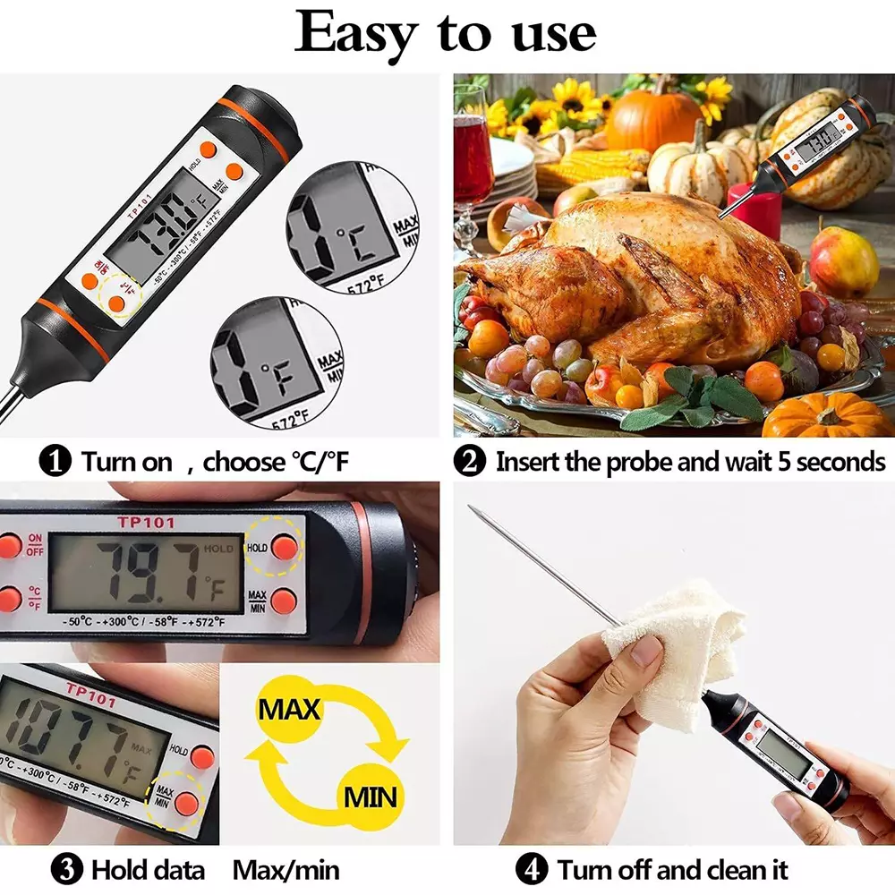 HSETIN Digital Food Thermometer with -50°C to 300°C Temperature Range and 0.1 °C Resolution, TP-101-2 (Pack of 2)