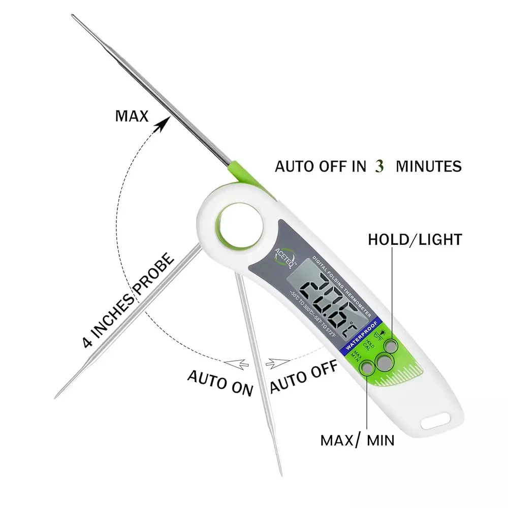 ACETEQ Folding Food Thermometer 500 Milliseconds Response Time Digital Display Stainless Steel, DTM-X9