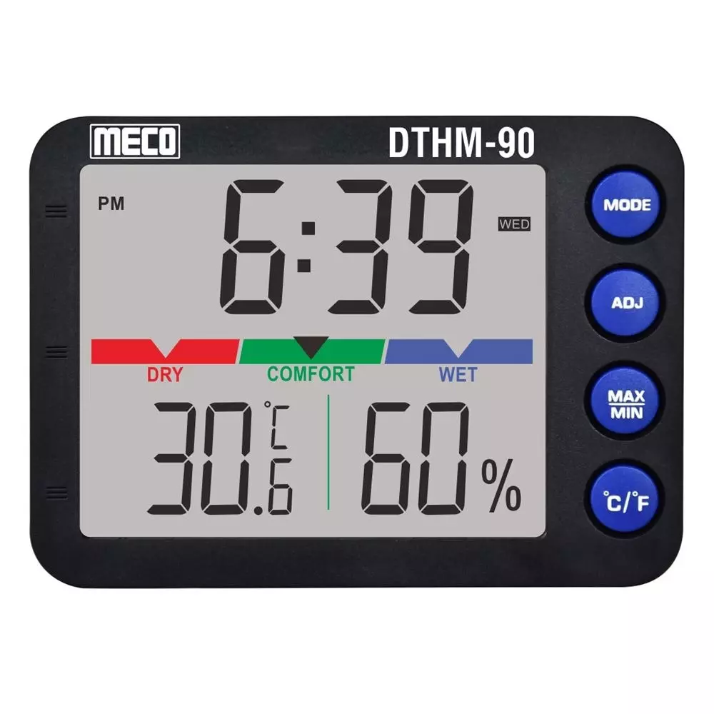 MECO Desk Temperature & RH Meter with Clock & Calendar, -20°C to 90°C Temp. Range and 0.1°C Resolution, DTHM-90