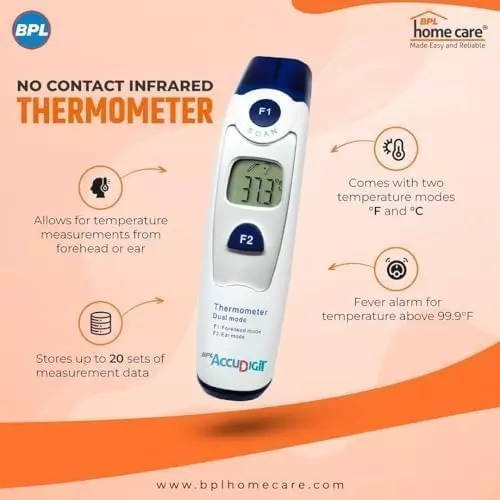 BPL Medical Technologies Dual Infrared Thermometer White Digital Display 20 Readings Plastic ‎Battery Powered for Babies and Adults, Accu Digit