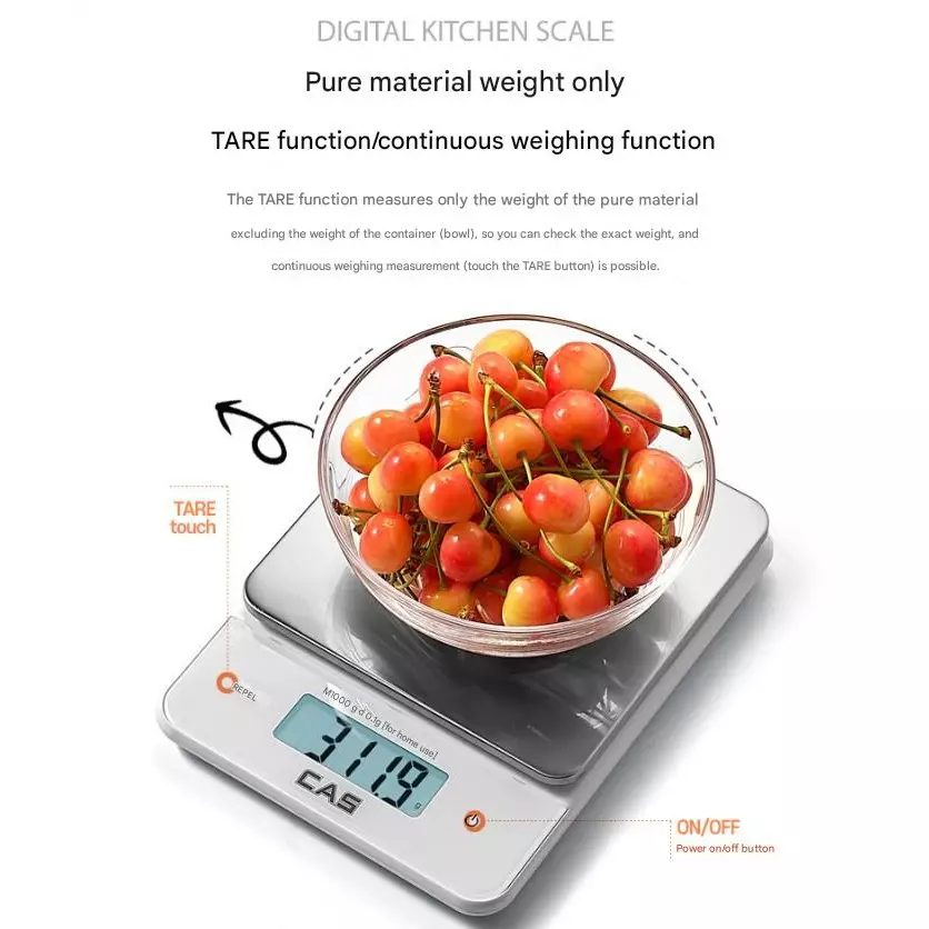 CAS Digital Kitchen Scale 1 Kg Capacity 144 x 144 mm Pan Size ABS, Stainless Steel, K17
