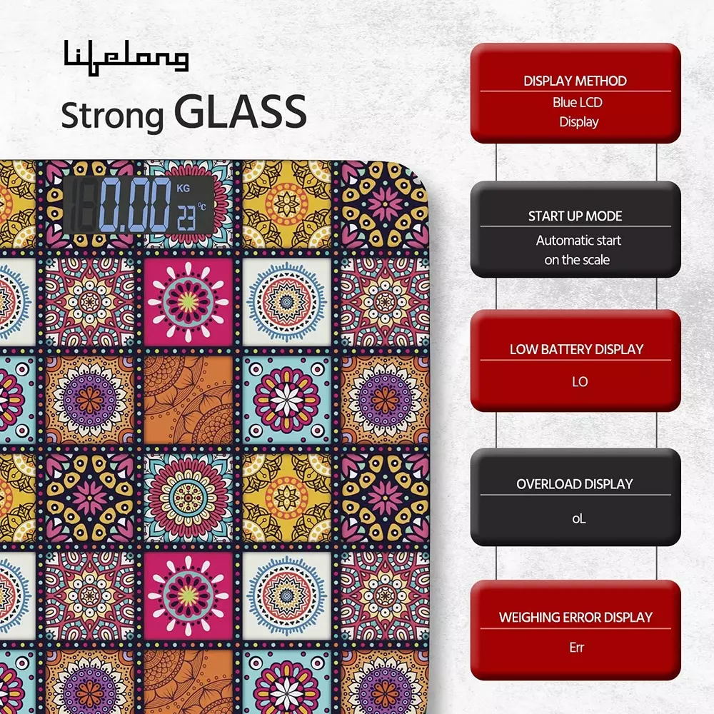 Lifelong Rajsthan Culture Weighing Scale LCD 180 Kg Capacity Ergonomic Design Multicolor Tempered Glass, LLWS63
