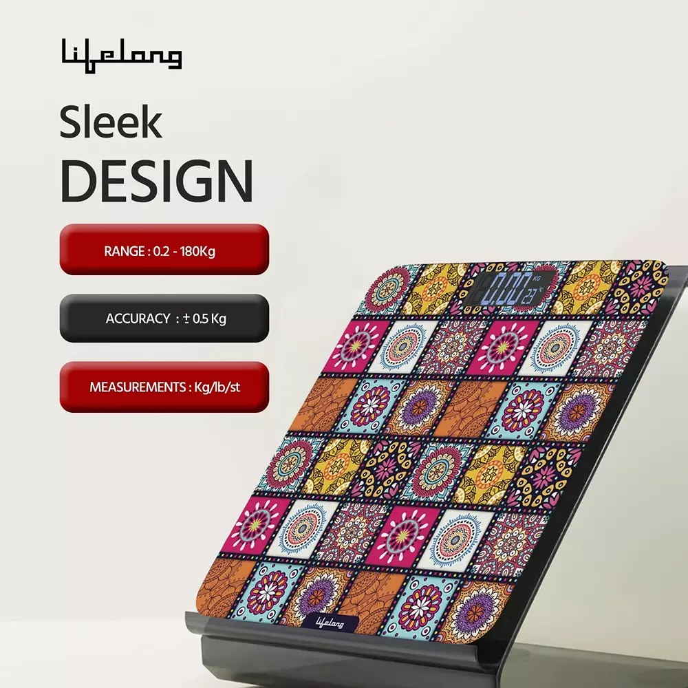 Lifelong Rajsthan Culture Weighing Scale LCD 180 Kg Capacity Ergonomic Design Multicolor Tempered Glass, LLWS63