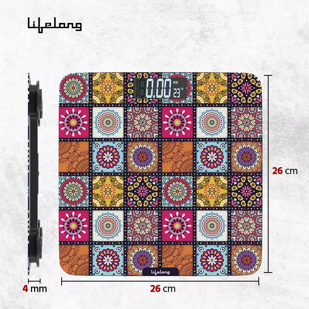 Lifelong Rajsthan Culture Weighing Scale LCD 180 Kg Capacity Ergonomic Design Multicolor Tempered Glass, LLWS63