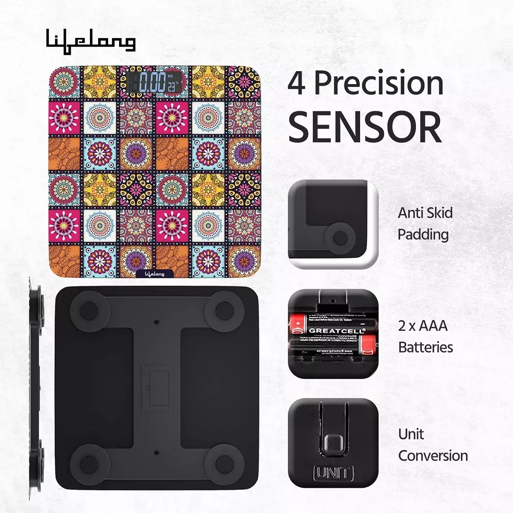 Lifelong Rajsthan Culture Weighing Scale LCD 180 Kg Capacity Ergonomic Design Multicolor Tempered Glass, LLWS63