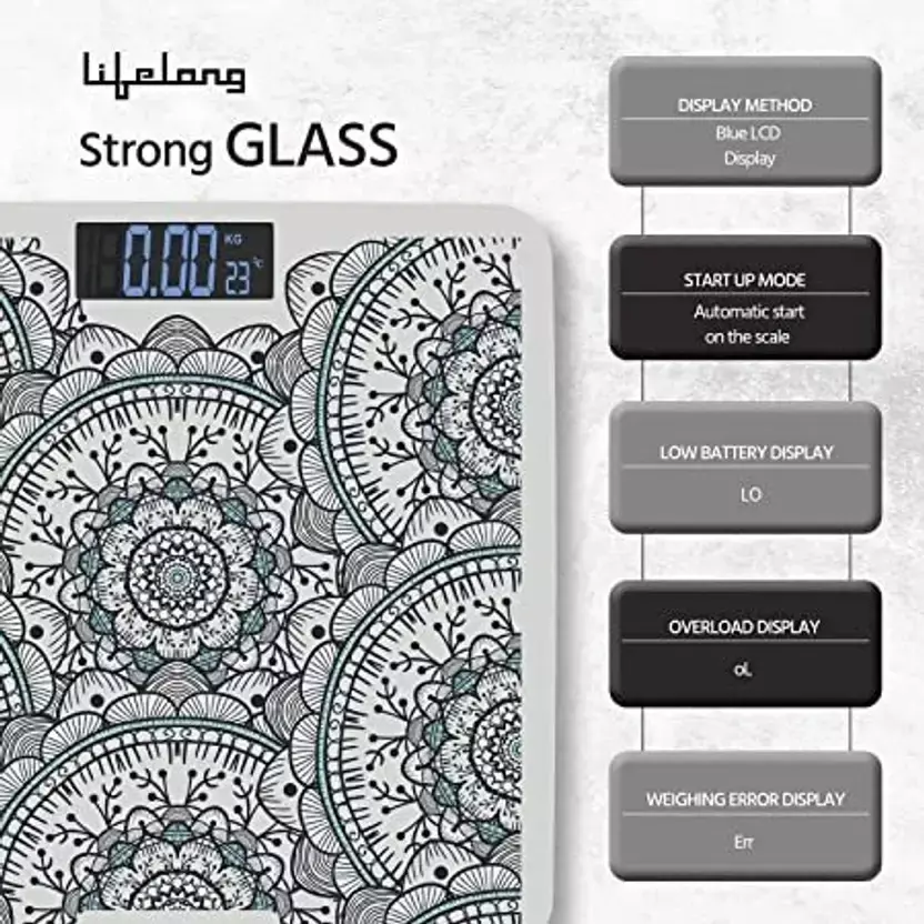 Lifelong Orissa Culture Weighing Scale LCD 180 Kg Capacity Ergonomic Design Grey Tempered Glass, LLWS81