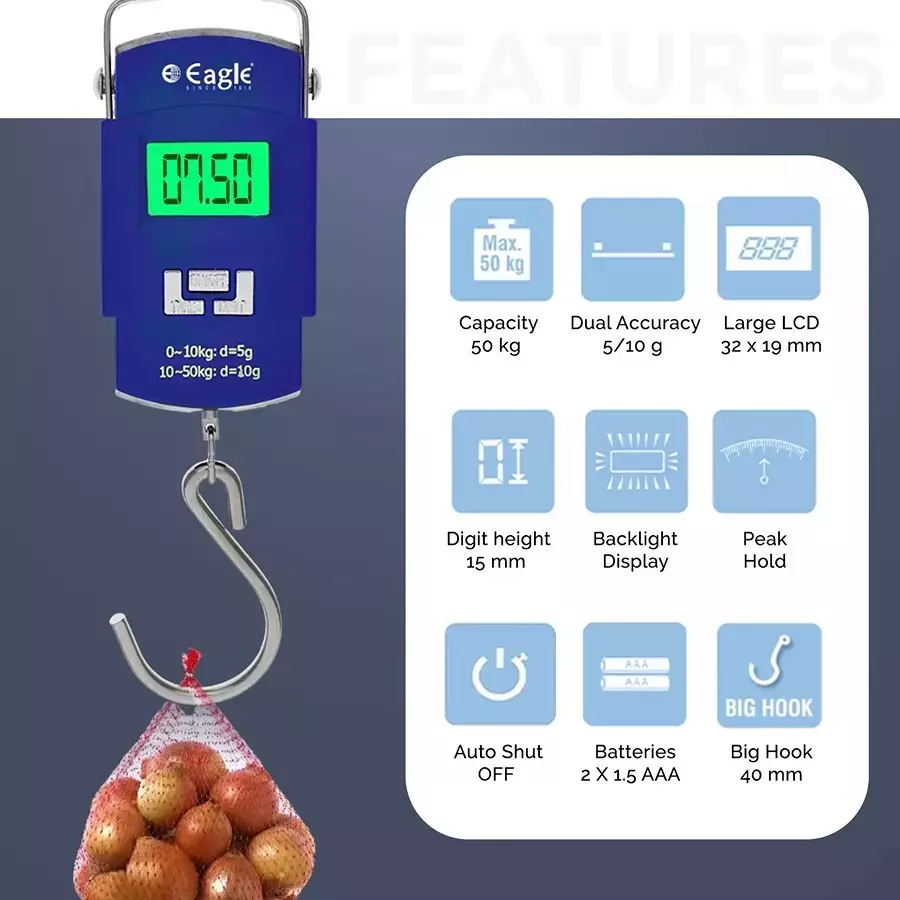 Eagle Portable Digital Luggage Weighing Machine Blue 10 g Accuracy 50 Kg Weight Capacity ABS, EHS-101 (Pack of 10)