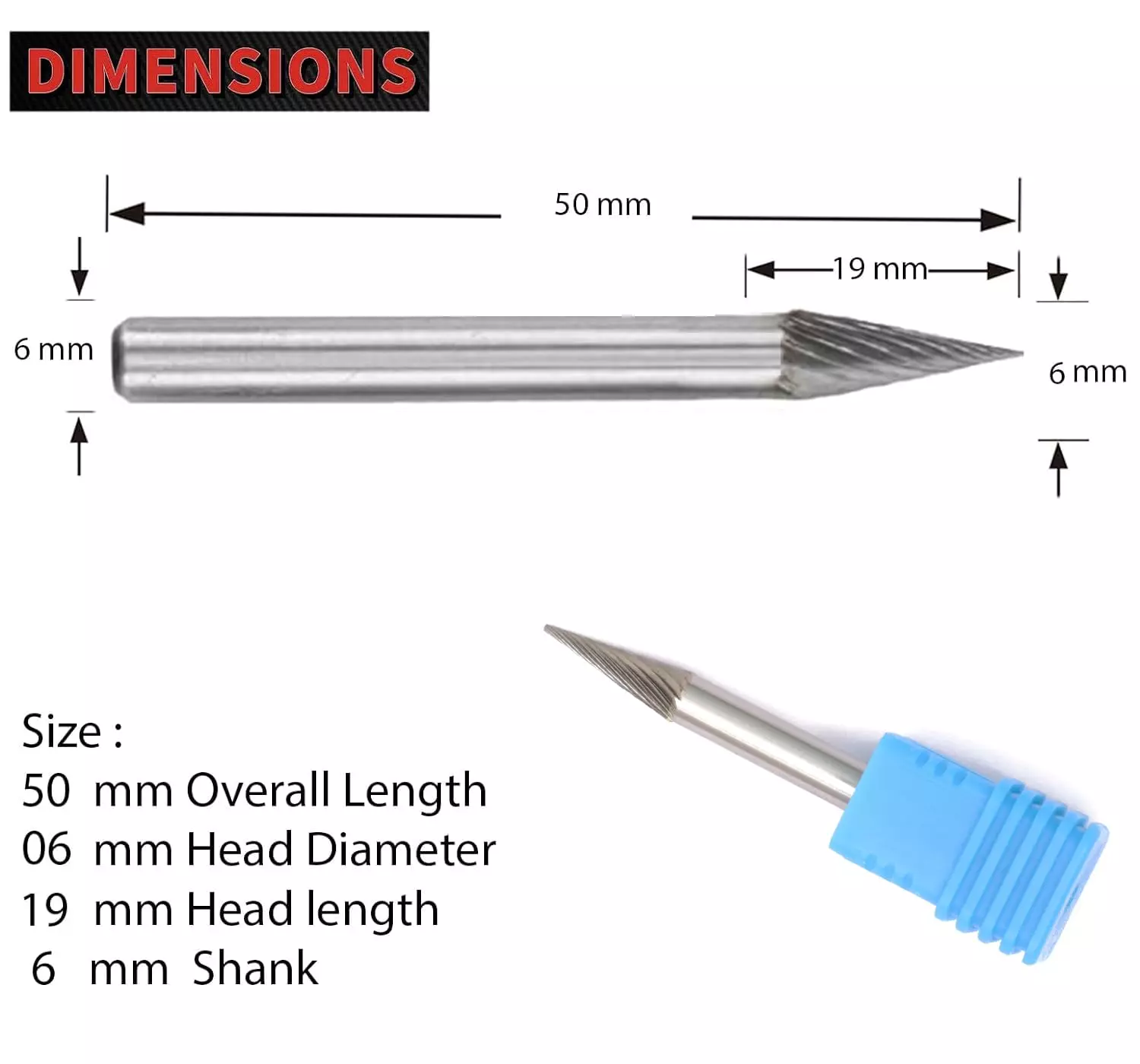 MECRAAF Cone Shaped Single Cut Burr Cutter 6 mm Head Dia. And 19 mm Length, BC-A1S