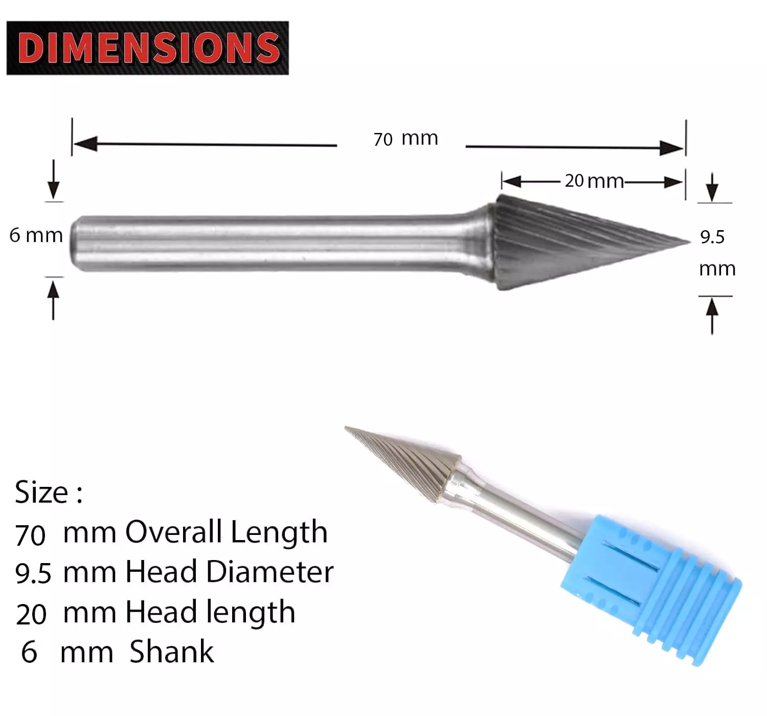MECRAAF Cone Shaped Single Cut Burr Cutter 9.5 mm Head Dia. And 20 mm Length, BC-A2S