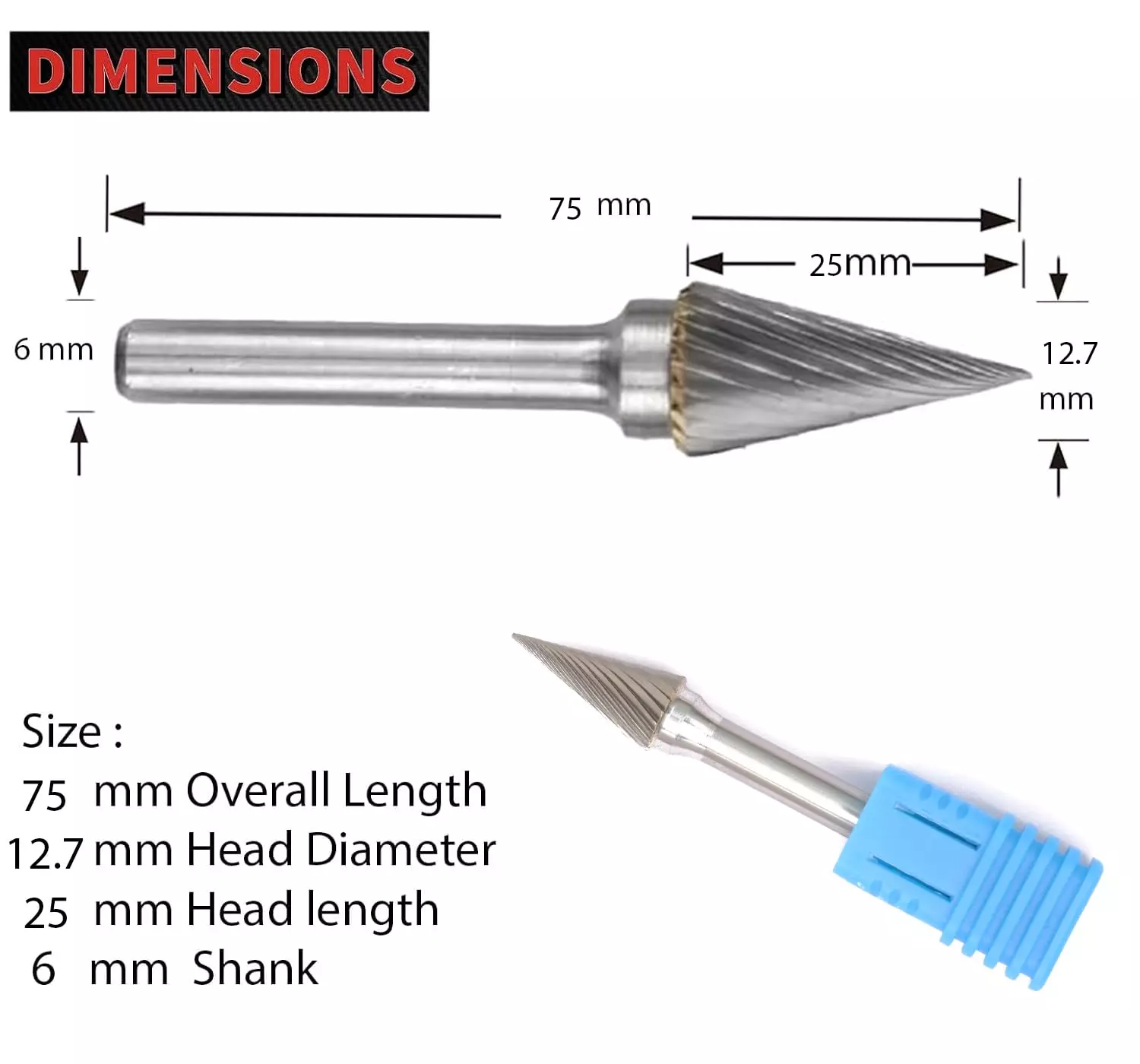MECRAAF Cone Shaped Single Cut Burr Cutter 12.7 mm Head Dia. And 25 mm Length, BC-A3S