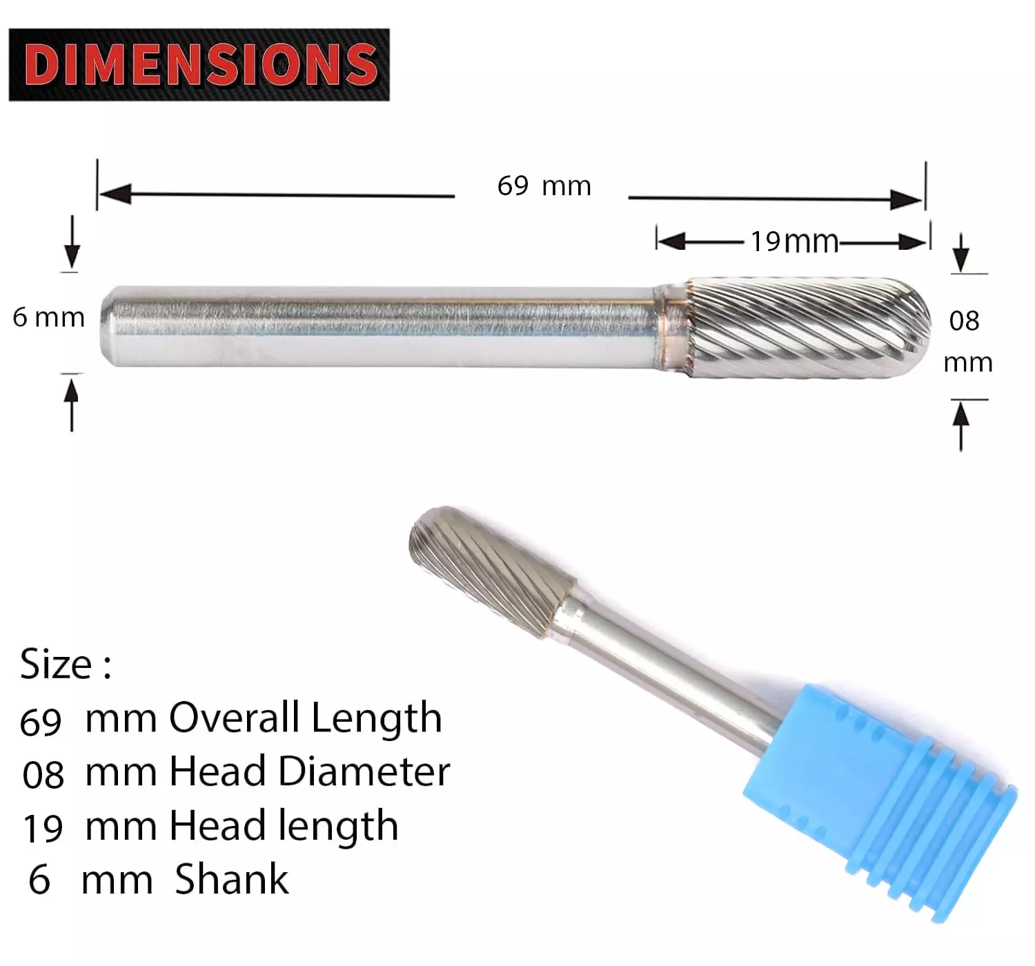 MECRAAF Cylindrical with Radius End Single Cut Burr Cutter 8 mm Head Dia. And 19 mm Length, BC-B2S