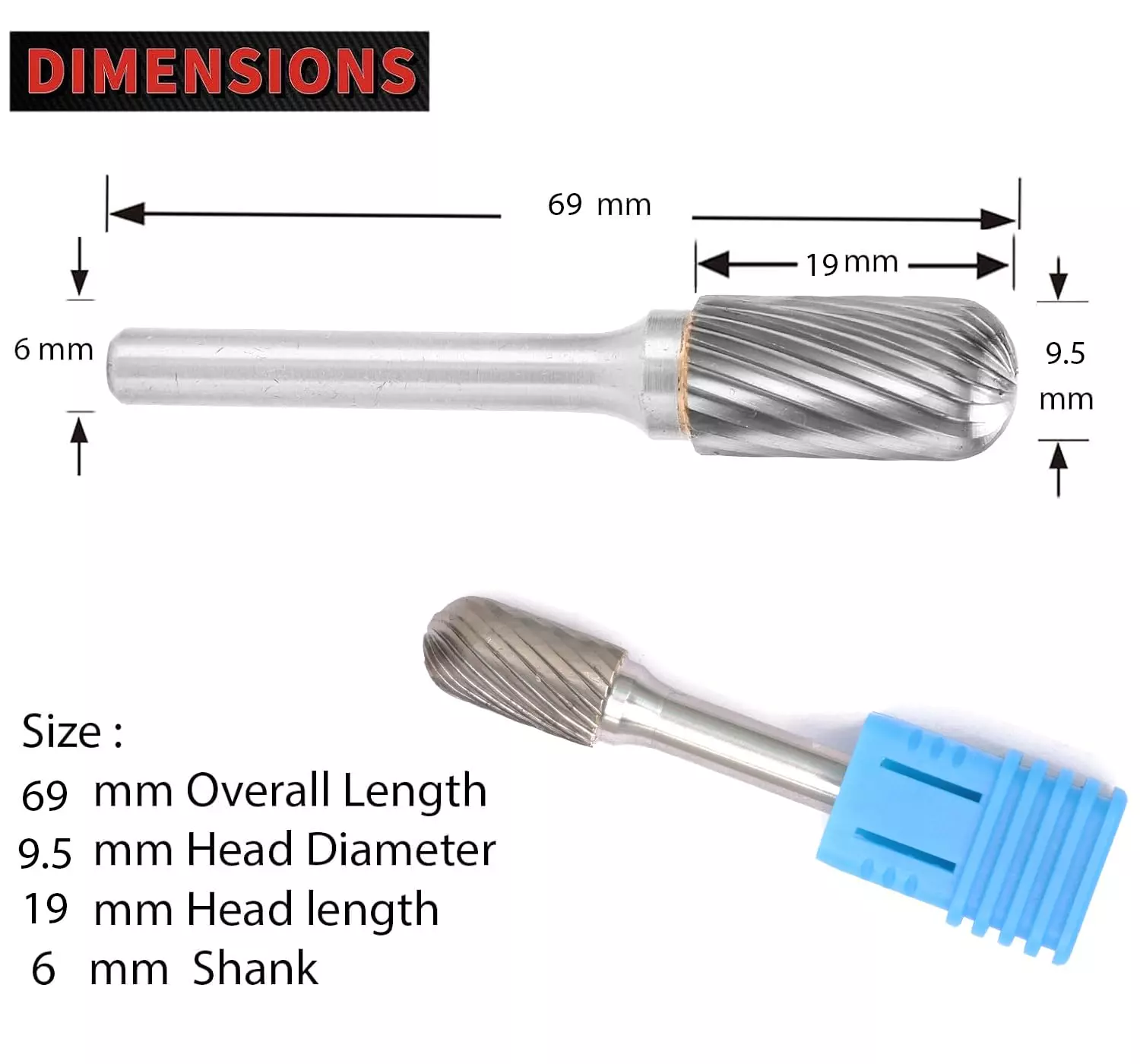 MECRAAF Cylindrical with Radius End Single Cut Burr Cutter 9.5 mm Head Dia. And 19 mm Length, BC-B3S