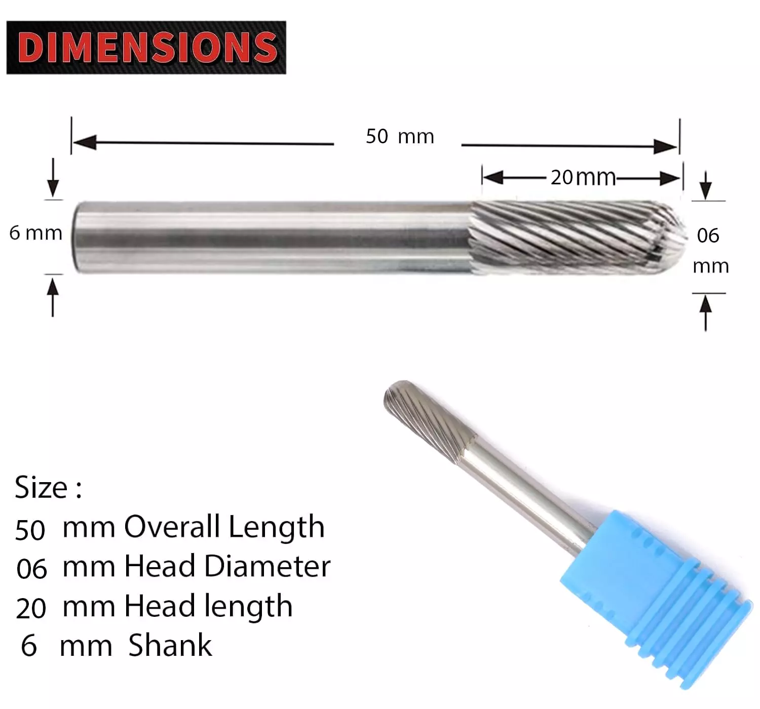 MECRAAF Cylindrical with Radius End Single Cut Burr Cutter 6 mm Head Dia. And 20 mm Length, BC-B1S