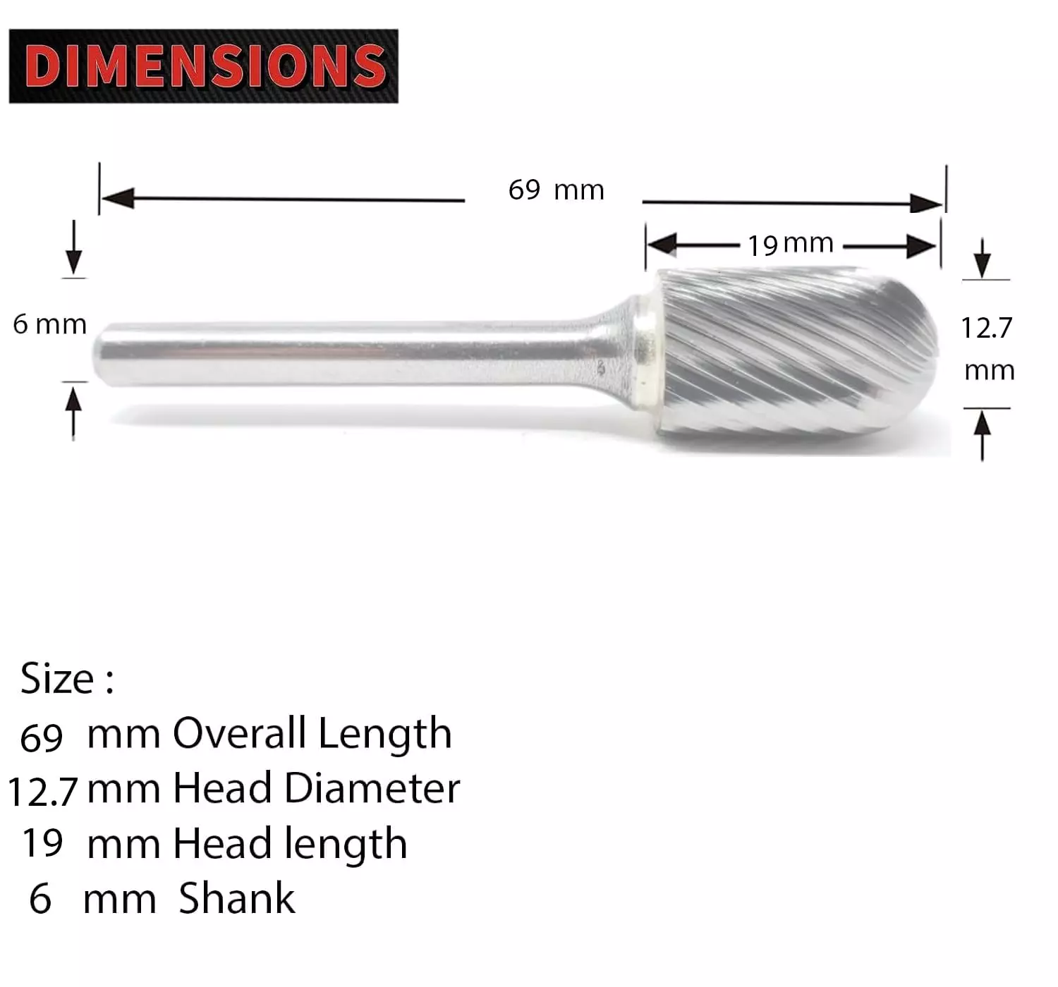 MECRAAF Cylindrical with Radius End Single Cut Burr Cutter 12.7 mm Head Dia. And 19 mm Length, BC-B4S