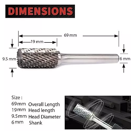 MECRAAF Double Cut Rotary Burr Cutter Cylindrical Type Super Grade Carbide 6 mm Shank Dia., BC-CE4D
