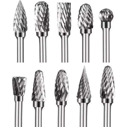MECRAAF Double Cut Rotary Burrs Set Tungsten Carbide Steel 3.175 mm (1/8 Inch) Shank Dia., 3X6 BC (Set of 10 Pcs)