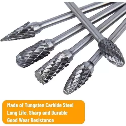 MECRAAF Double Cut Rotary Burrs Set Tungsten Carbide Steel 3.175 mm (1/8 Inch) Shank Dia., 3X6 BC (Set of 10 Pcs)