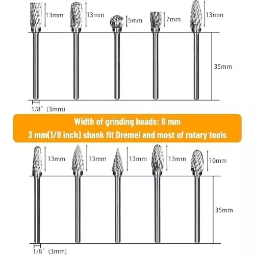 MECRAAF Double Cut Rotary Burrs Set Tungsten Carbide Steel 3.175 mm (1/8 Inch) Shank Dia., 3X6 BC (Set of 10 Pcs)