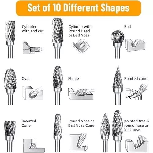 MECRAAF Double Cut Rotary Burrs Set Tungsten Carbide Steel 3.175 mm (1/8 Inch) Shank Dia., 3X6 BC (Set of 10 Pcs)