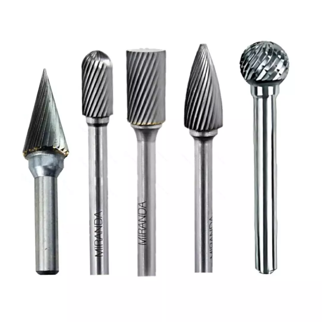 MIRANDA TOOLS Tungsten Carbide Rotary Burr Set Double Cut Includes Conical, Cylindrical Radius End, Cylindrical, Tree Pointed End, Ball Shape (Set of 5)