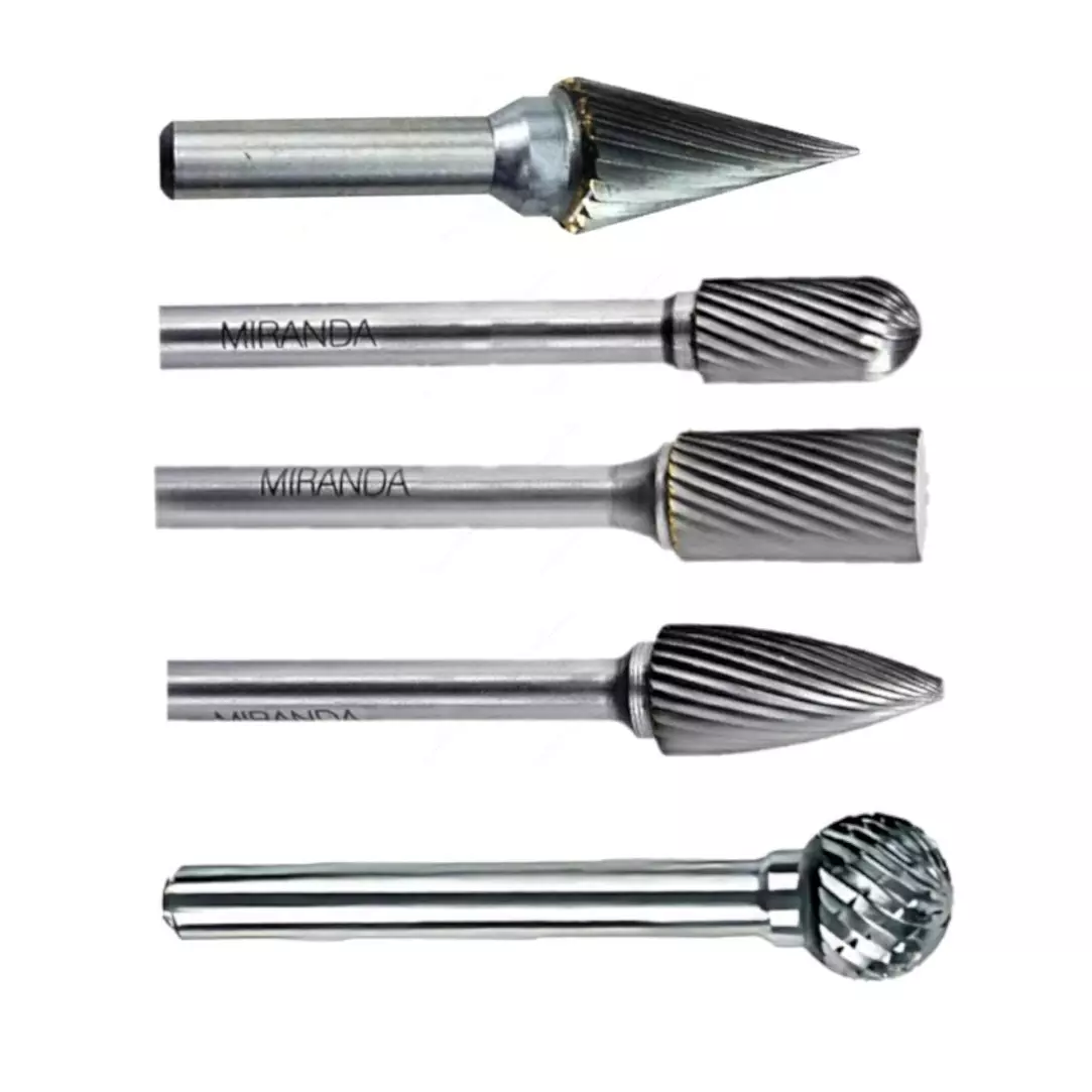 MIRANDA TOOLS Tungsten Carbide Rotary Burr Set Double Cut Includes Conical, Cylindrical Radius End, Cylindrical, Tree Pointed End, Ball Shape (Set of 5)
