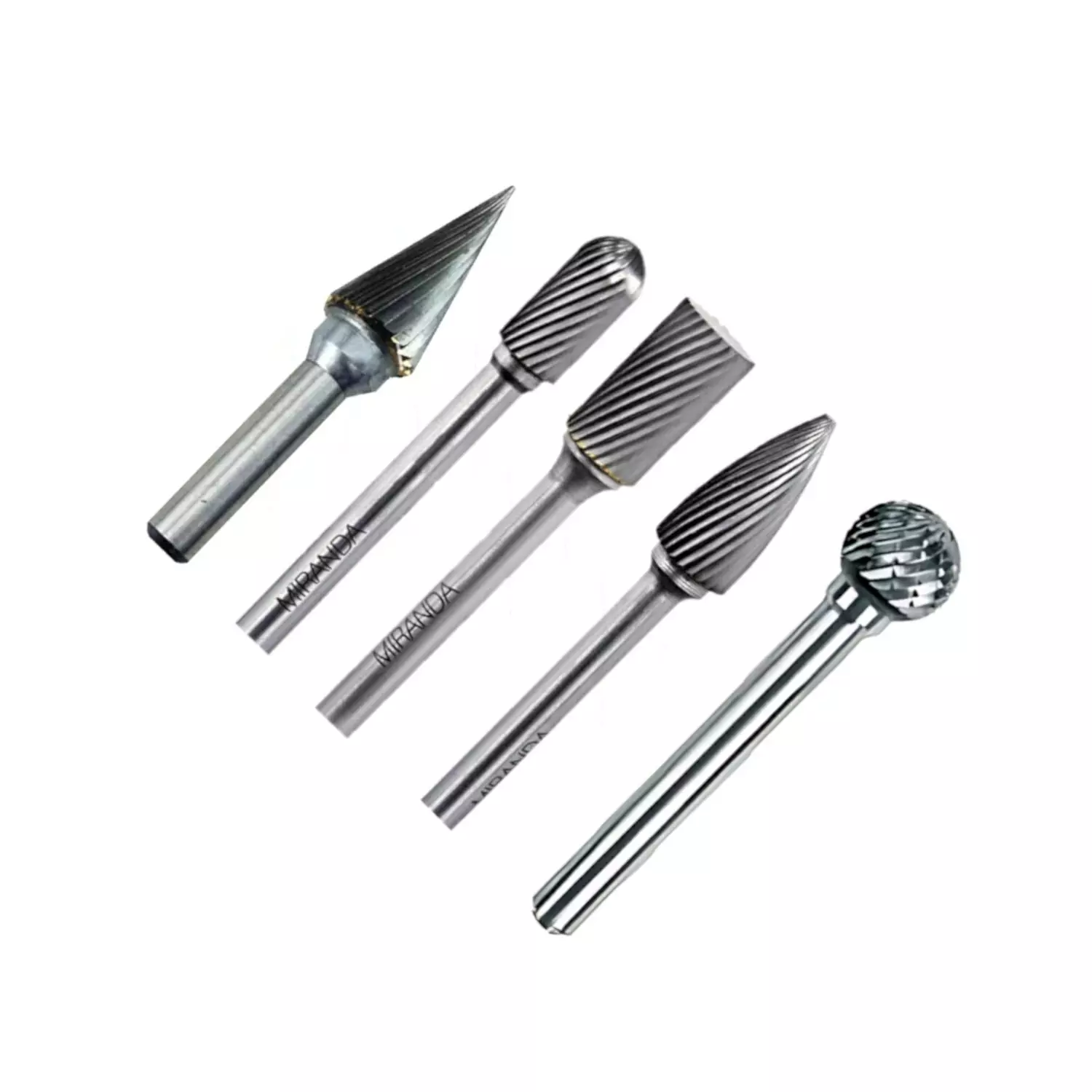 MIRANDA TOOLS Tungsten Carbide Rotary Burr Set Double Cut Includes Conical, Cylindrical Radius End, Cylindrical, Tree Pointed End, Ball Shape (Set of 5)