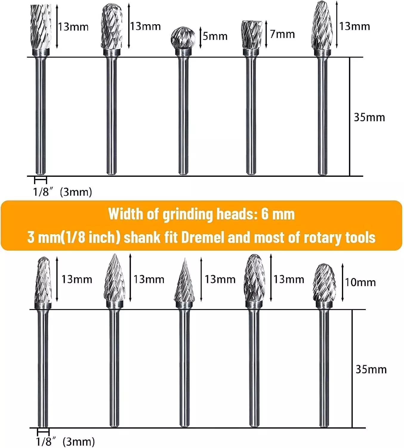 MECRAAF Multiple Shape Double Cut Burr Cutter 5, 7, 10 & 13 mm Head Length, BC-3X6 SET (Set of 10)