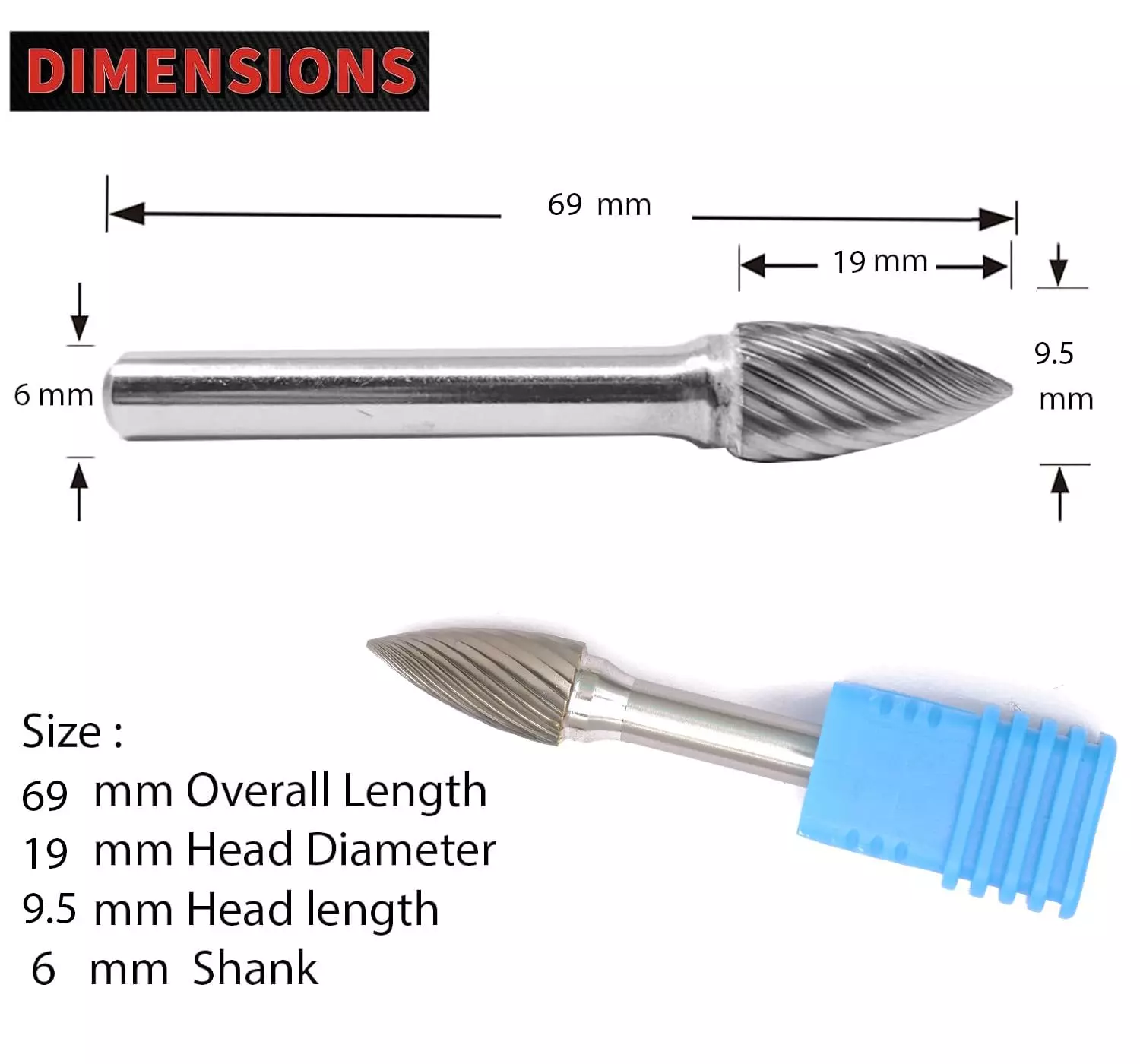 MECRAAF Tree Shape with Point End Single Cut Burr Cutter 9.5 mm Head Dia. And 19 mm Length, BC-T2S
