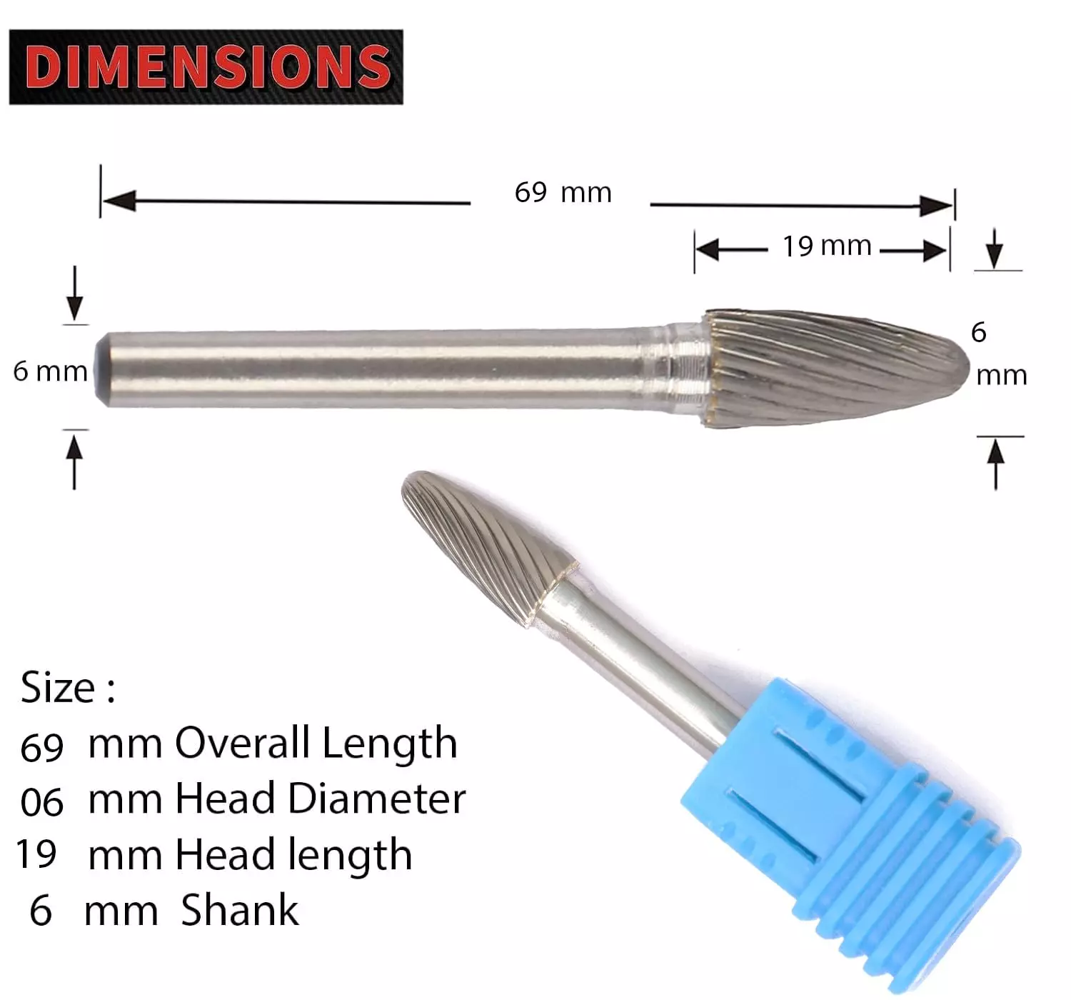 MECRAAF Tree Shape with Radius End Single Cut Burr Cutter 6 mm Head Dia. And 19 mm Length, BC-TB1S