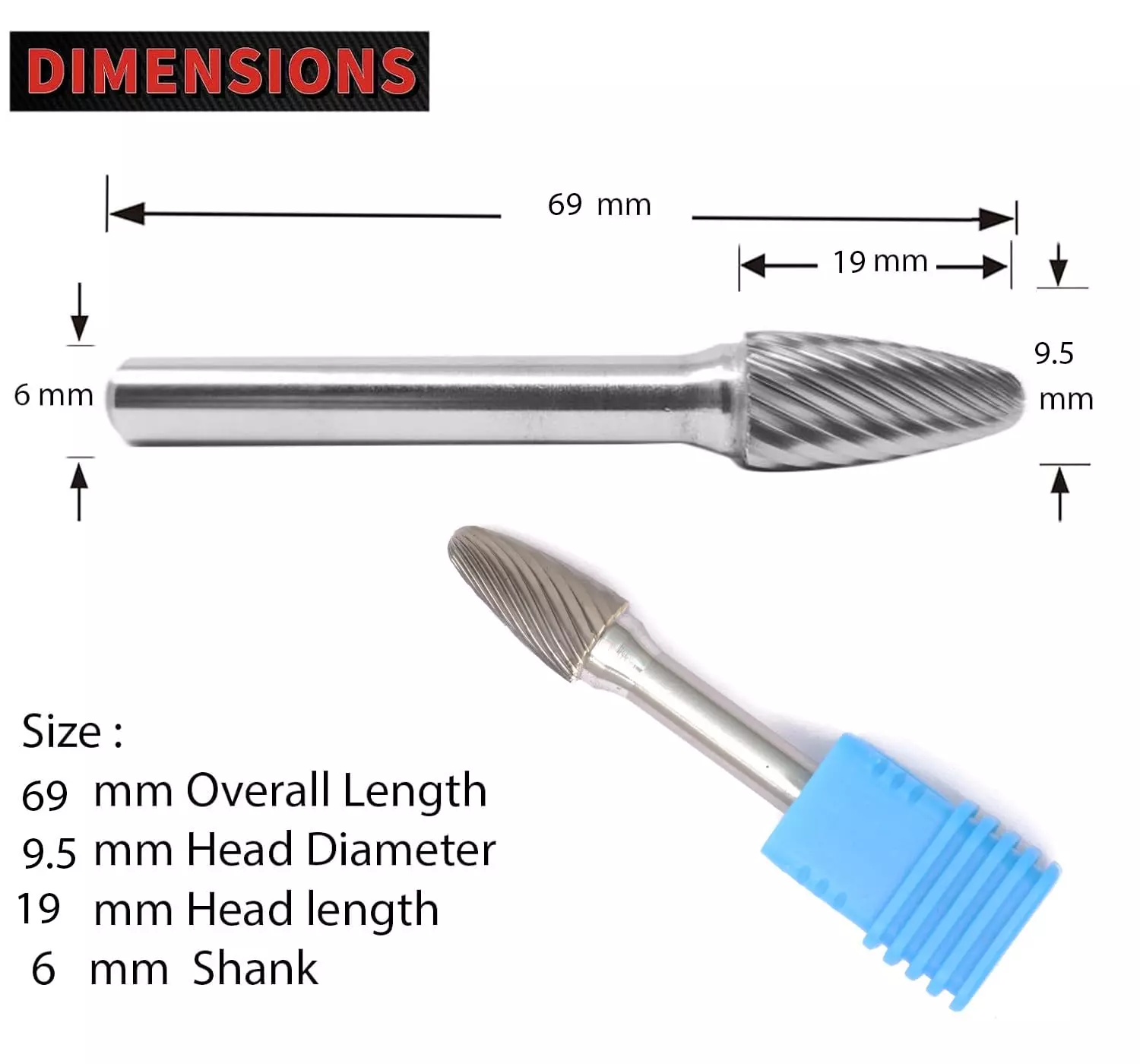 MECRAAF Tree Shape with Radius End Single Cut Burr Cutter 9.5 mm Head Dia. And 19 mm Length, BC-TB2