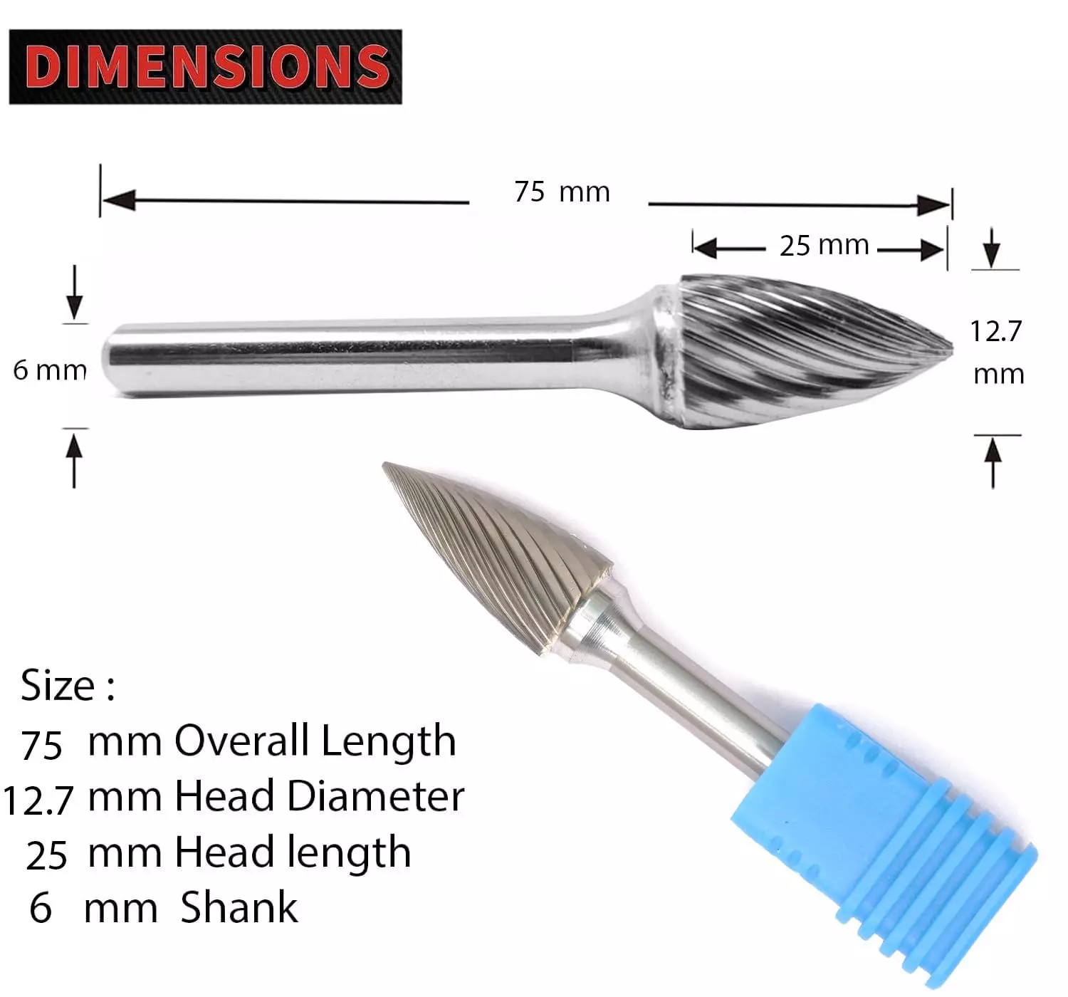 MECRAAF Tree Shape with Point End Single Cut Burr Cutter 12.7 mm Head Dia. And 25 mm Length, BC-T3S
