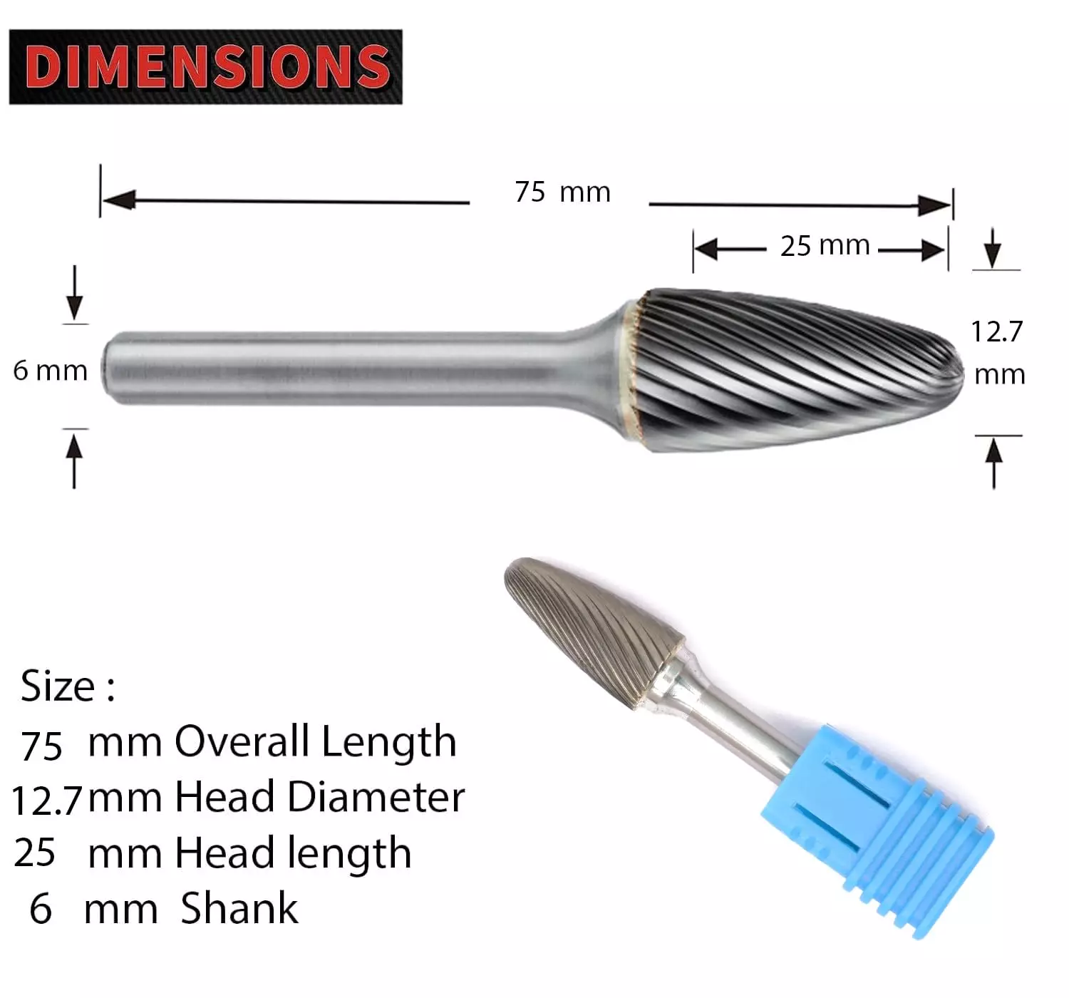 MECRAAF Tree Shape with Radius End Single Cut Burr Cutter 12.5 mm Head Dia. And 25 mm Length, BC-TB3S