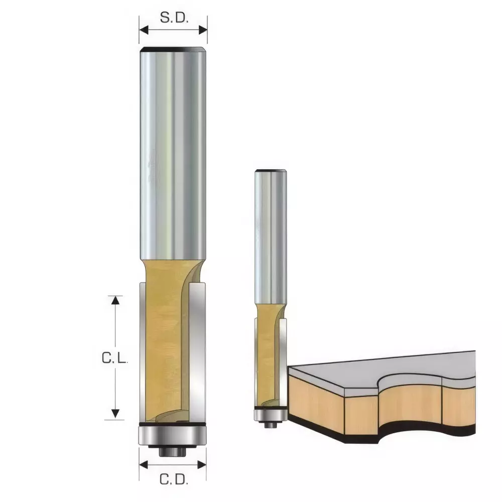 Timus TCT Brazed Flush Trim Bit TT.TB, 12.7 mm Cutting Diameter x 75 mm Shank Diameter x 12 mm Cutting Length, TT.TB.127512