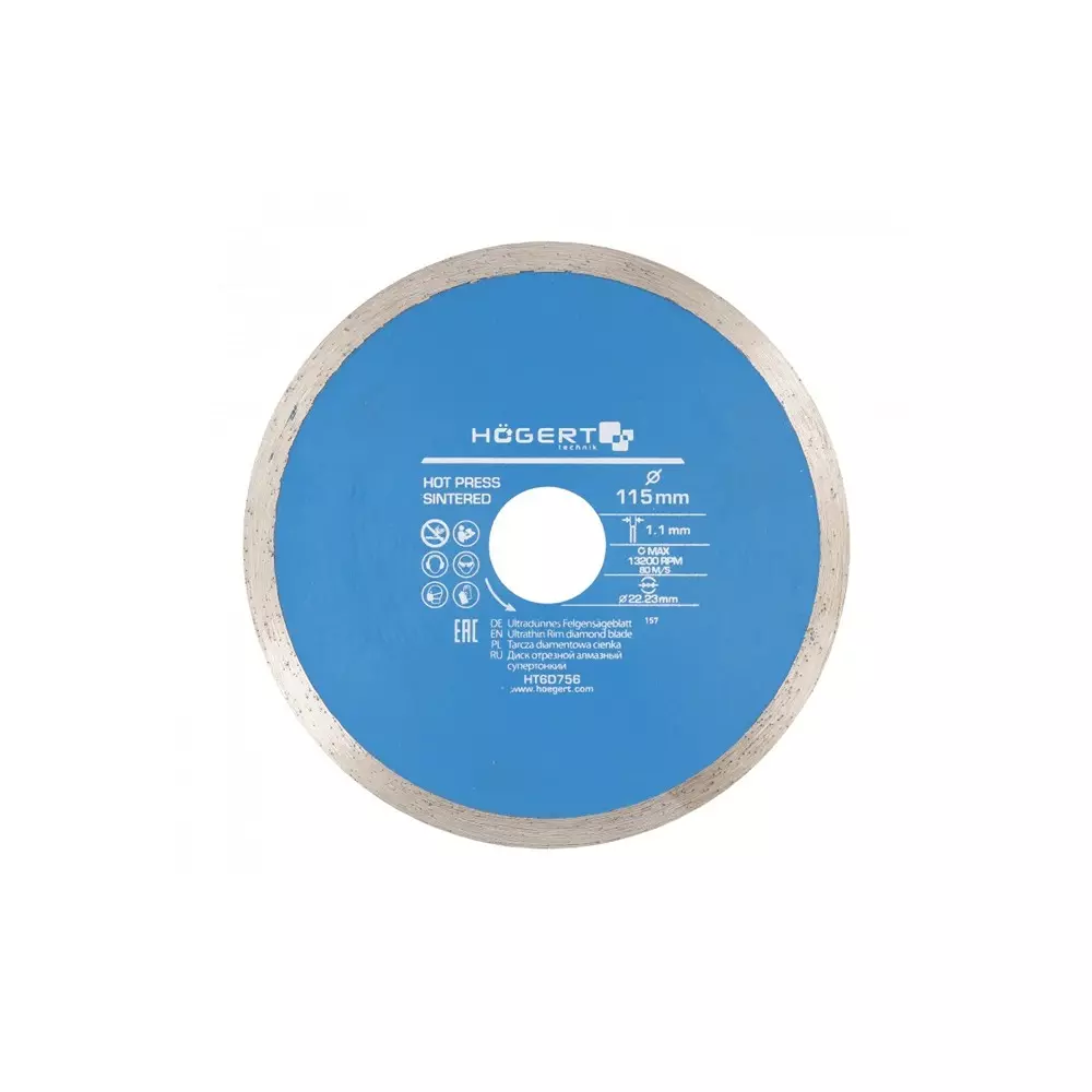Hogert Technik Diamond Blade Ultra Thin 115 mm Diameter x 22.23 mm Bore Size x 1.1 mm Thickness, HT6D756