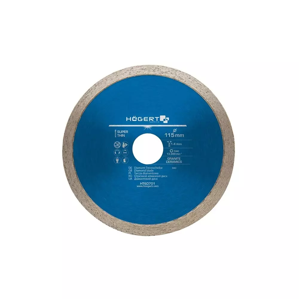 Hogert Technik Diamond Blade Continuous Rim 115 mm Diameter x 22.2 mm Bore Size x 1.4 mm Thickness, HT6D701