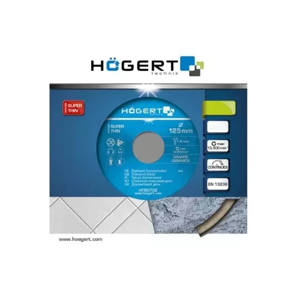 Hogert Technik Diamond Blade Continuous Rim 125 mm Diameter x 22.2 mm Bore Size x 1.6 mm Thickness, HT6D702