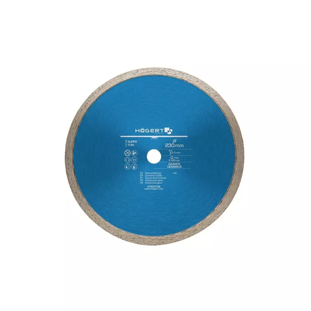 Hogert Technik Diamond Blade Continuous Rim 230 mm Diameter x 22.2 mm Bore Size x 2.0 mm Thickness, HT6D706