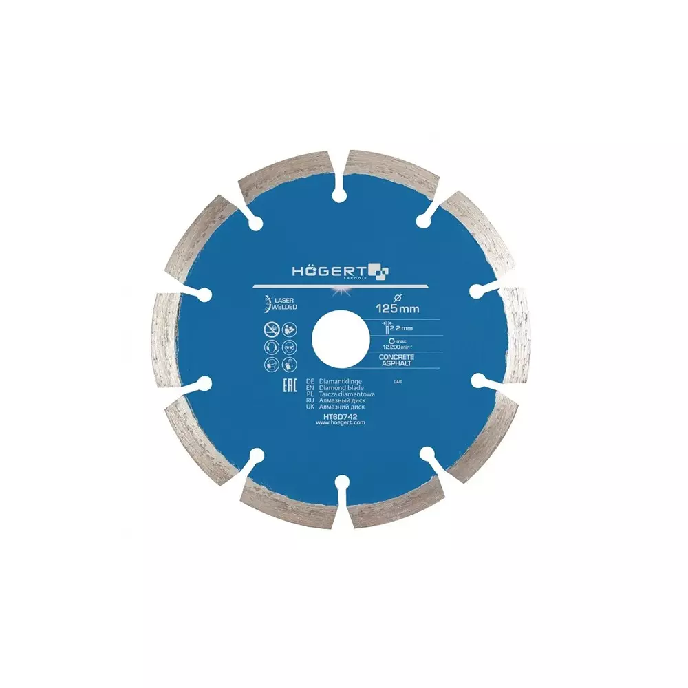 Hogert Technik Diamond Blade Segmented Rim 125 mm Diameter x 22.2 mm Bore Size x 2.2 mm Thickness, HT6D742