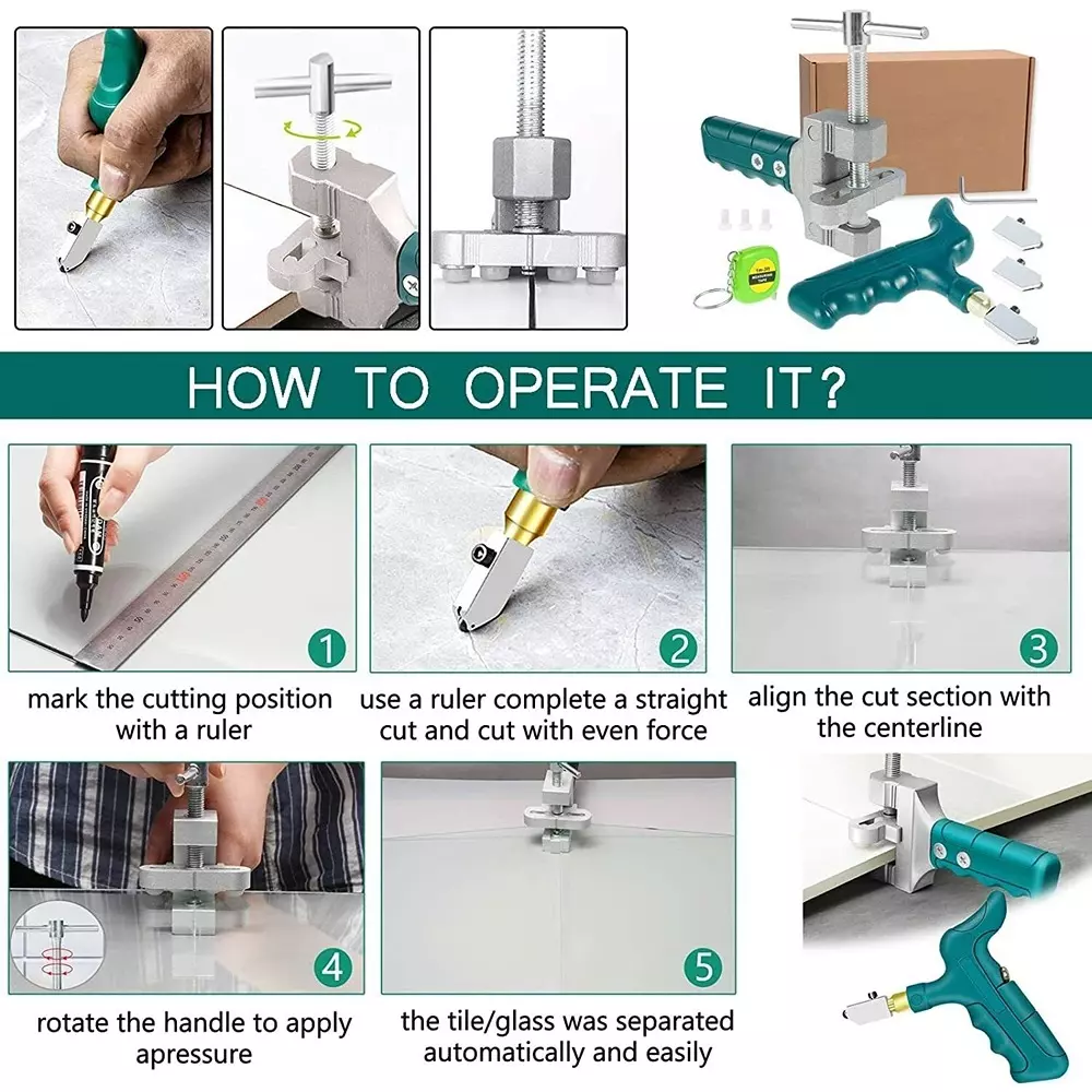 Catson Manual Glass Tile Cutter Kit Metal Silver & Green with 3 m Measuring Tape Silver & Green