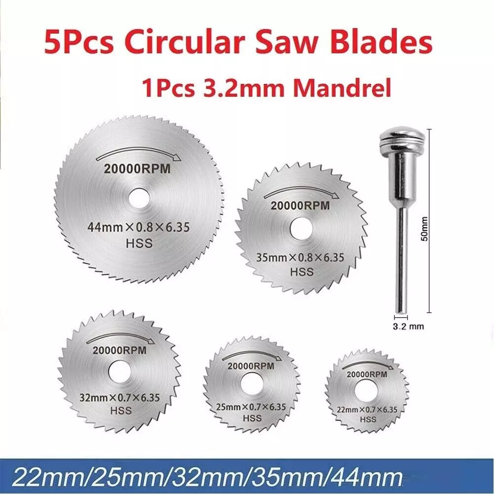 GENERIC 5 Pcs HHS Saw Blade 22-44 mm Dremel Rotary Wood Cutting Discs With 1 Pcs Mandrel 3.2 mm