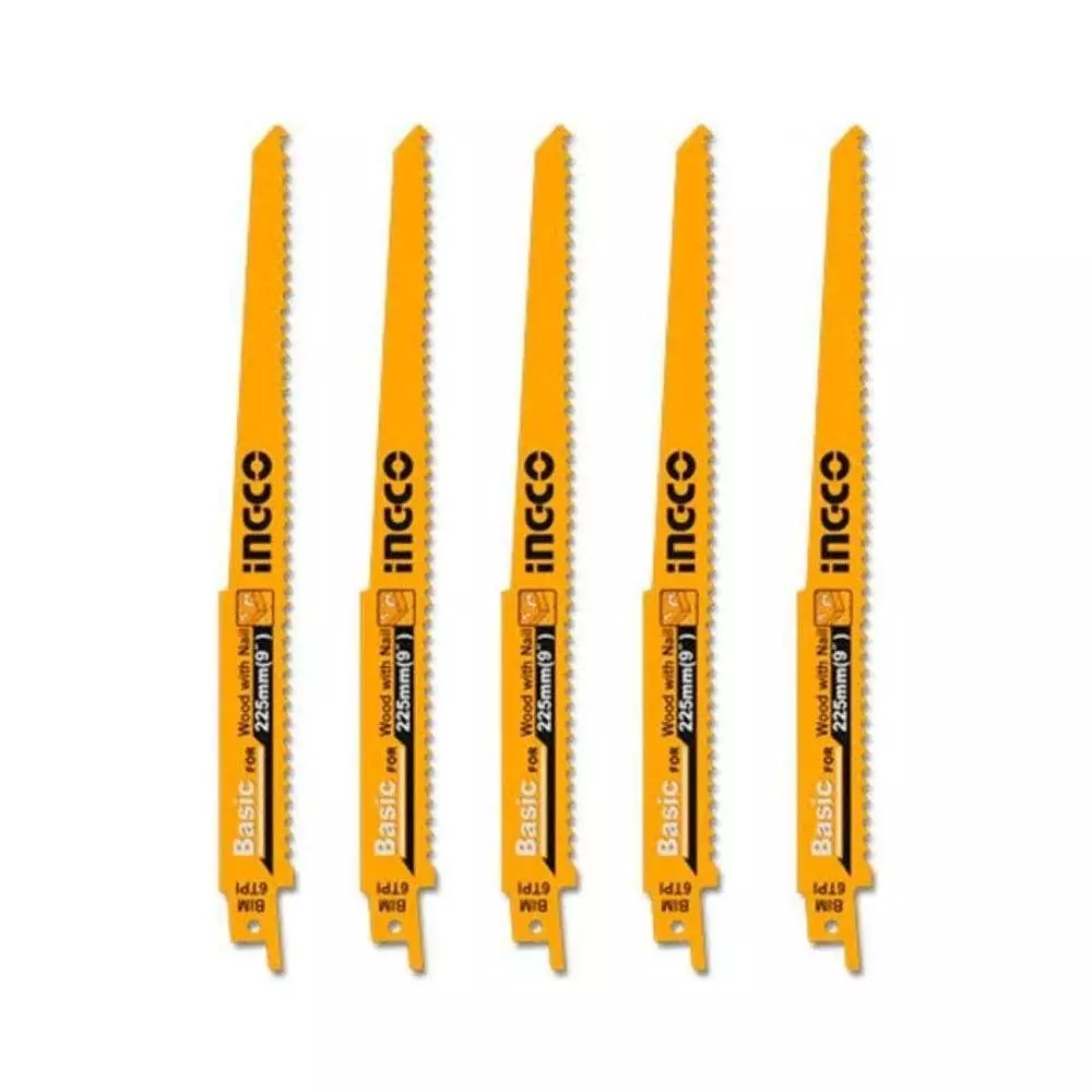 Ingco 5 Pcs Reciprocating Saw Blade Set Length 9 inch (225 mm) for Cutting Wood with Nail, RSB1111DF
